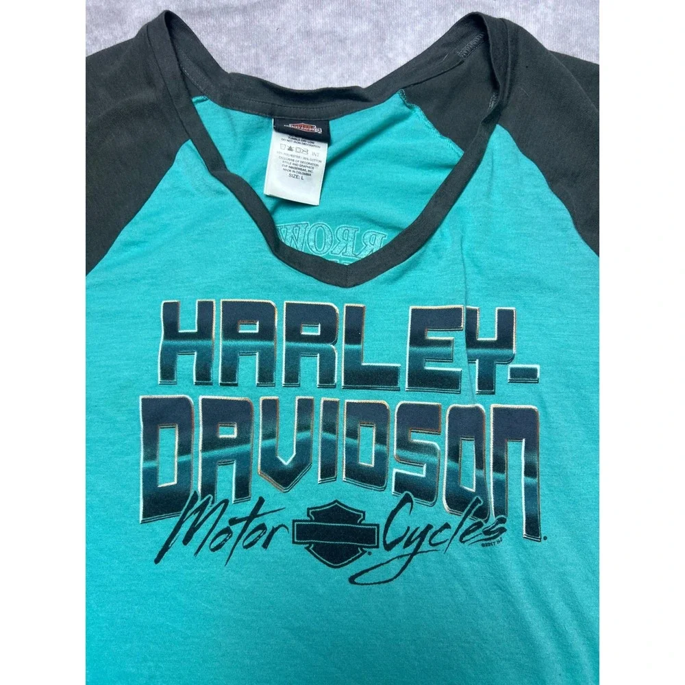 Harley Davidson Raglan T-Shirt Womens L Teal Grey Arrowhead Peoria AZ V-Neck